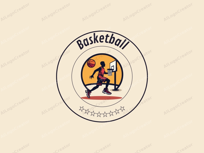 playful design features a dynamic athlete dribbling a basketball, stylized sneakers, and a basketball hoop, combined with a clean background.