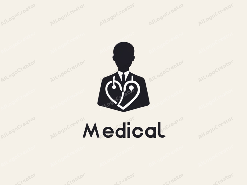 modern design features a stylized hospital silhouette, a doctor figure, a stethoscope intertwined with a heart, combined with a clean background.