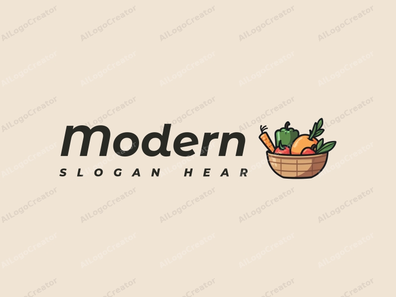 modern minimalist design features a stylized basket filled with various ingredients, utilizing a clean and simple composition with a focus on innovative shapes and negative space.