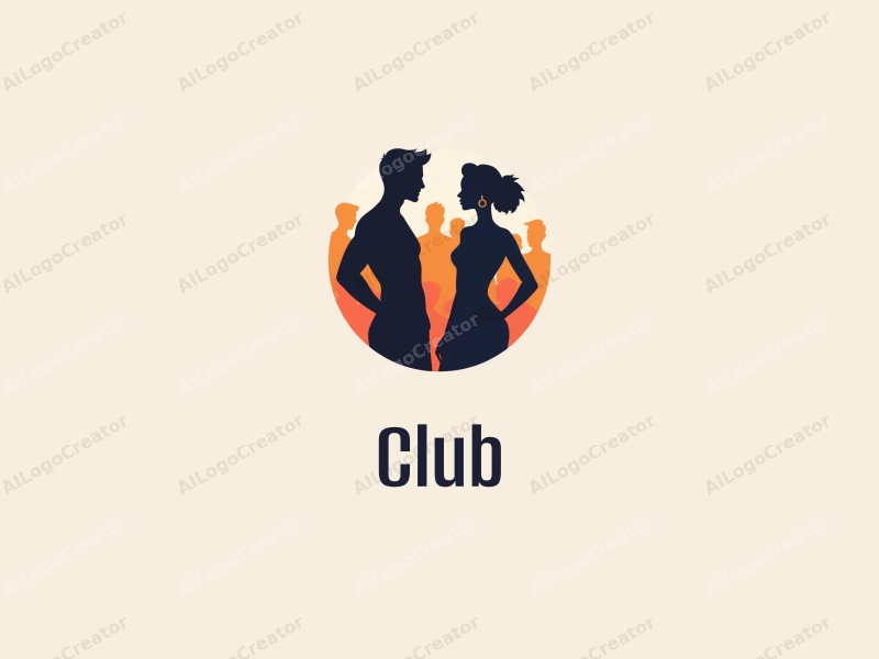 modern design features a stylized club scene with male and female figures interacting, using negative space to create a sense of community, combined with a clean background.