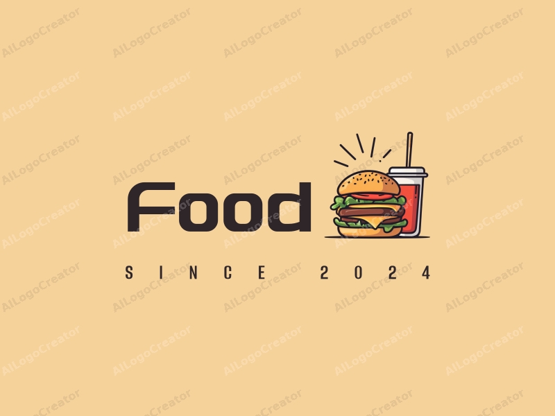 a modern design featuring a stylized burger and beverage, with vibrant colors and a clean background, emphasizing the deliciousness of food in a harmonious composition.