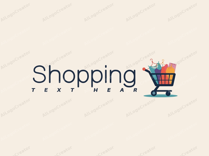 a modern design featuring a colorful shopping cart filled with stylish clothing items, set against a clean and minimalistic background, emphasizing a vibrant retail atmosphere.