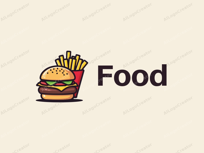 a modern design featuring a stylized burger and fries, with vibrant colors and a clean background, emphasizing the deliciousness of the food in a harmonious and simple composition.