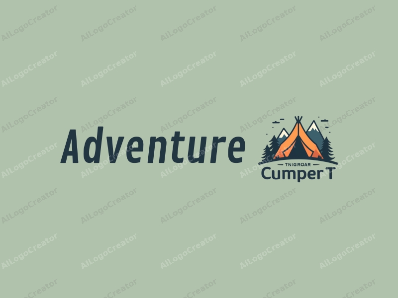 playful design features a stylized tent and mountains, incorporating elements of adventure and exploration with a clean green background.