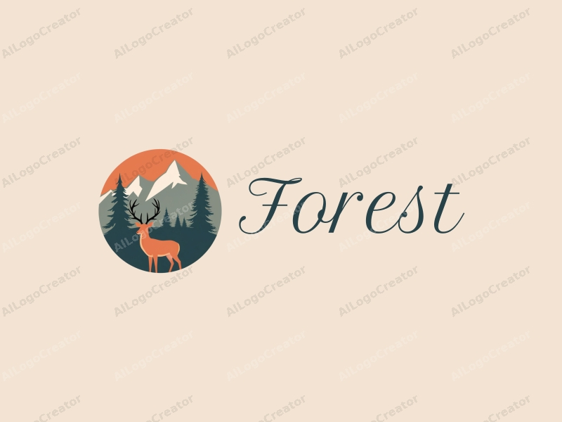 vintage design features stylized trees and mountains, a deer silhouette, combined with a clean background and harmonious composition.