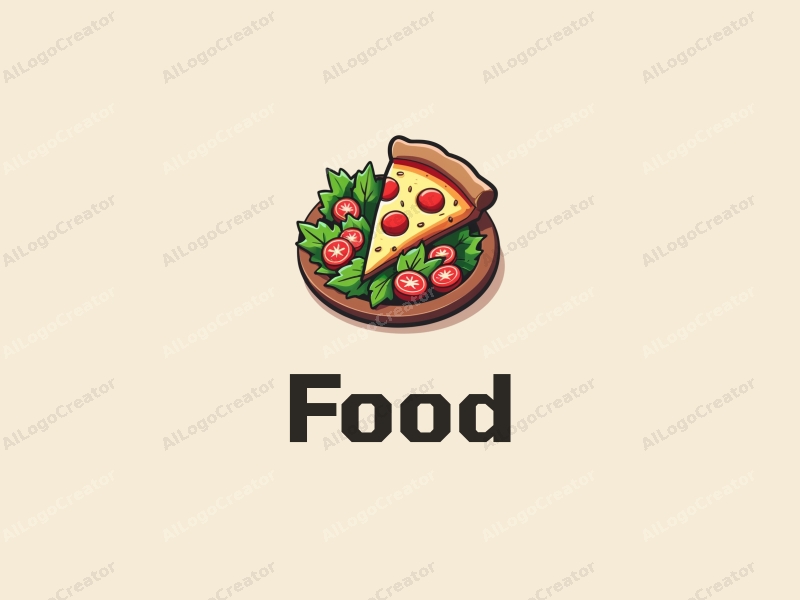 a modern design featuring vibrant colors, a stylized pizza slice and a fresh salad, combined with a clean background and a harmonious composition.