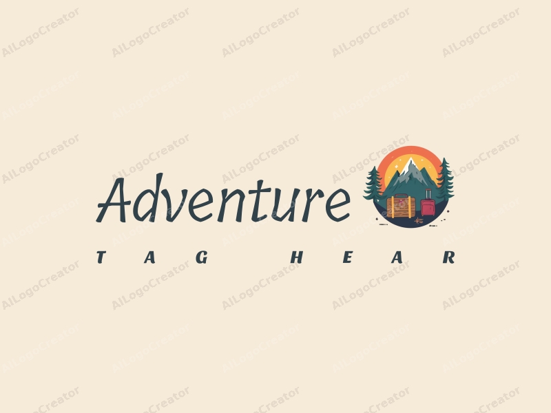 playful design features a stylized mountain peak, a whimsical luggage icon, and adventure elements combined with a clean background.