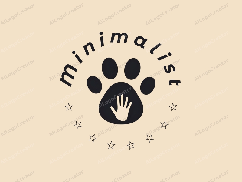 minimalist design features a stylized animal paw and hand, combined with clean lines and a tag style approach on a simple background.