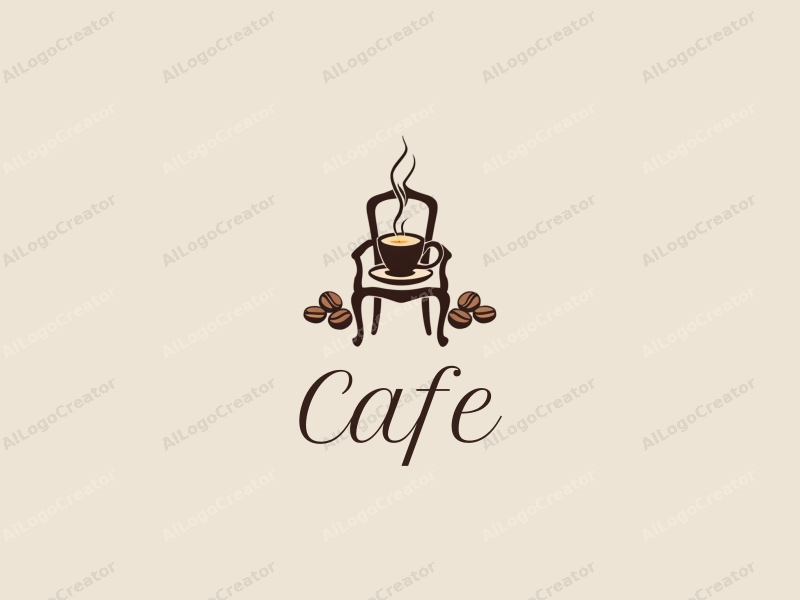 vintage design features a stylized coffee cup, an antique chair silhouette, and coffee beans arranged harmoniously with a clean background.