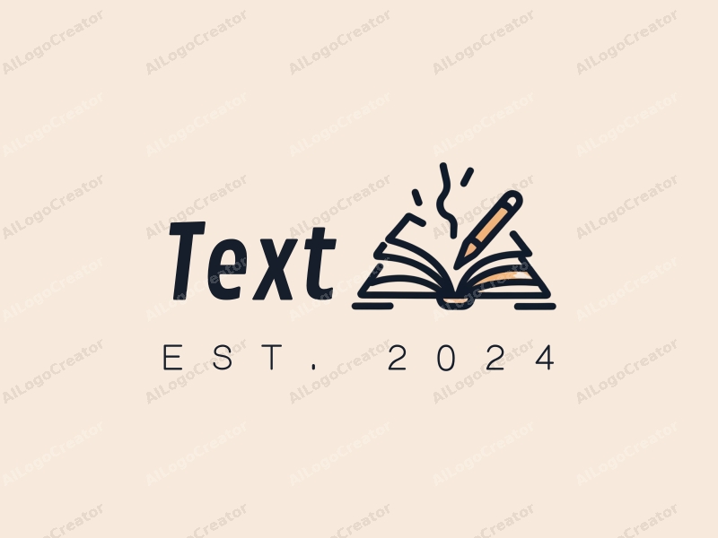 modern design features stylized text and font, an abstract representation of books and a pen, combined with a clean background.