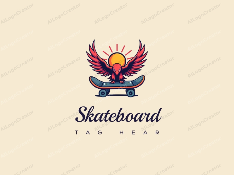 playful design features a vibrant skateboard, a stylized sun with wings, combined with a clean background.