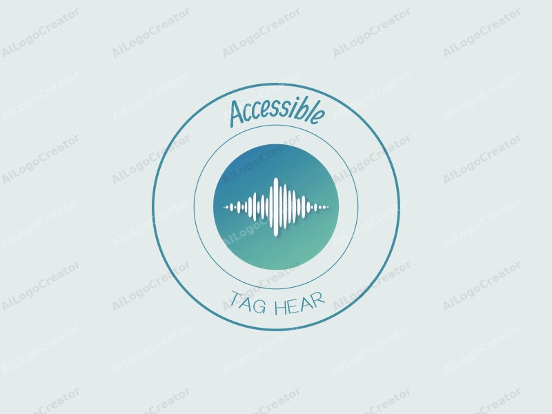 modern design features accessibility symbols, soundwave patterns inspired by Soundcloud and Spotify, combined with a clean background in blue and green tones.