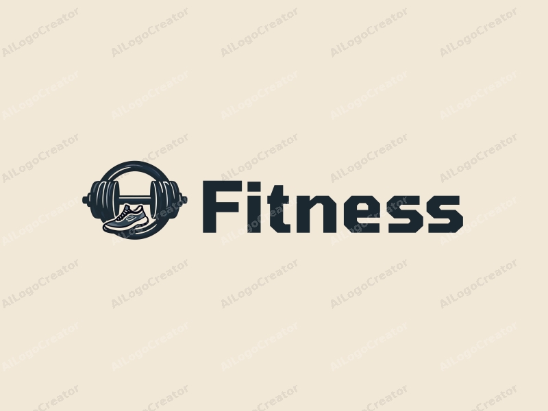 modern design features a stylized dumbbell and running shoes, combined with a clean background and a minimalist approach.