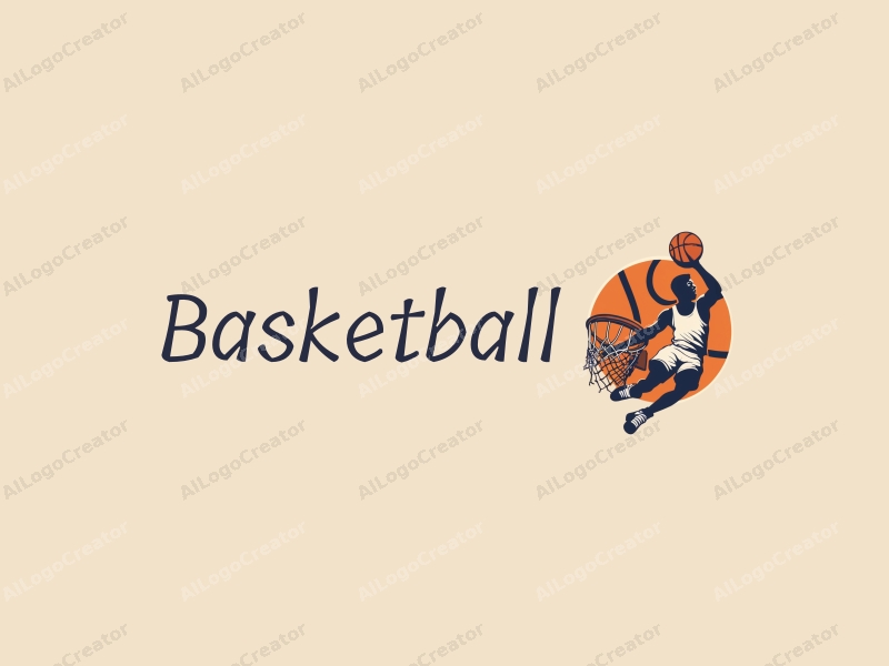 playful design features a stylized basketball, an athlete in motion, a hoop, and dribbling elements combined with a clean background.