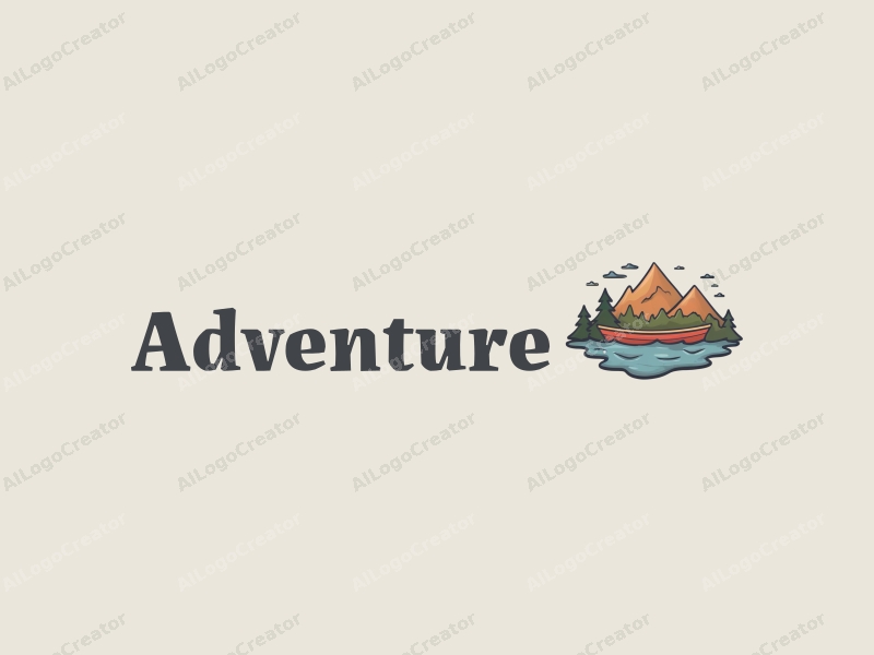 playful design features stylized mountains and boats, incorporating adventure elements with a clean background.