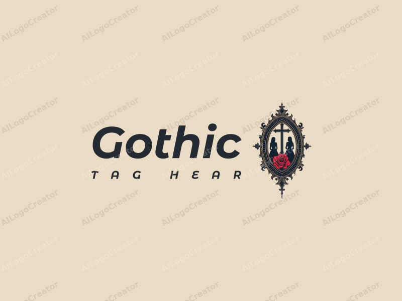 Gothic design features intricate Gothic architecture elements, stylized Gothic fashion silhouettes, a cross and a rose, combined with a clean background.