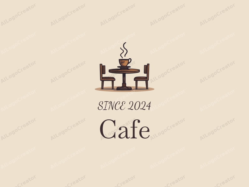 vintage design features a stylized coffee cup on a wooden table, surrounded by simple tables and chairs, combined with a clean background.