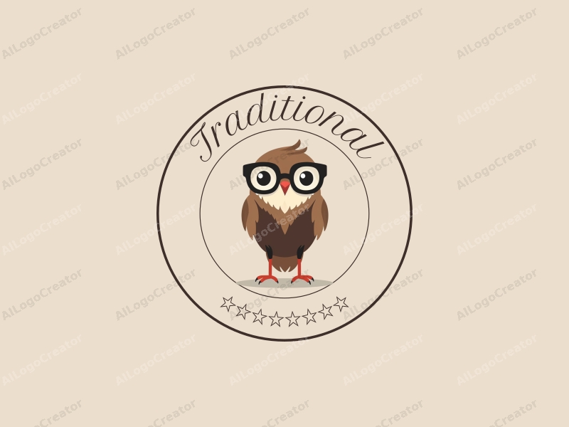 vintage design features a stylized bird wearing glasses, incorporating traditional and classic motifs, with a harmonious blend of brown and beige colors on a clean background.