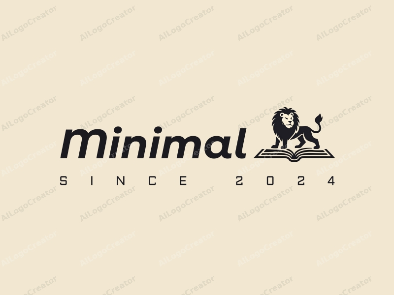 minimalist design features a stylized lion intertwined with an open book, using a modern and elegant design approach combined with a clean background.