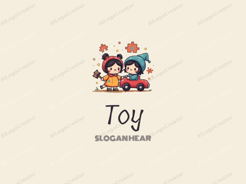 playful design features colorful dolls, a whimsical puzzle, a stylized toy car, and an enchanting magic book, combined with a clean background.