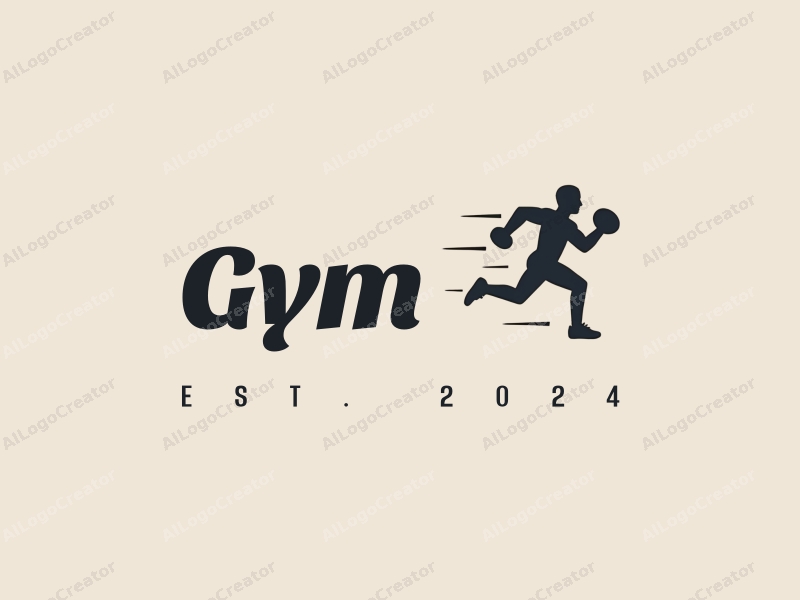 modern design features a stylized dumbbell and a dynamic runner silhouette, combined with a clean background and a harmonious layout.