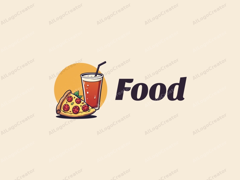 a modern design featuring a vibrant pizza slice and a refreshing beverage, combined with a clean background and a playful arrangement of food elements.