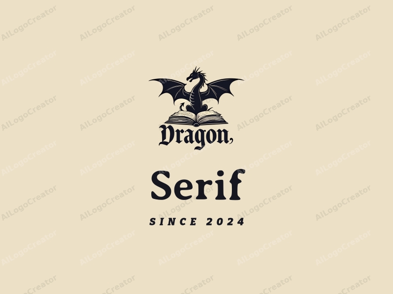 vintage design features elegant serif fonts, a stylized dragon intertwined with an open book, combined with a clean background.