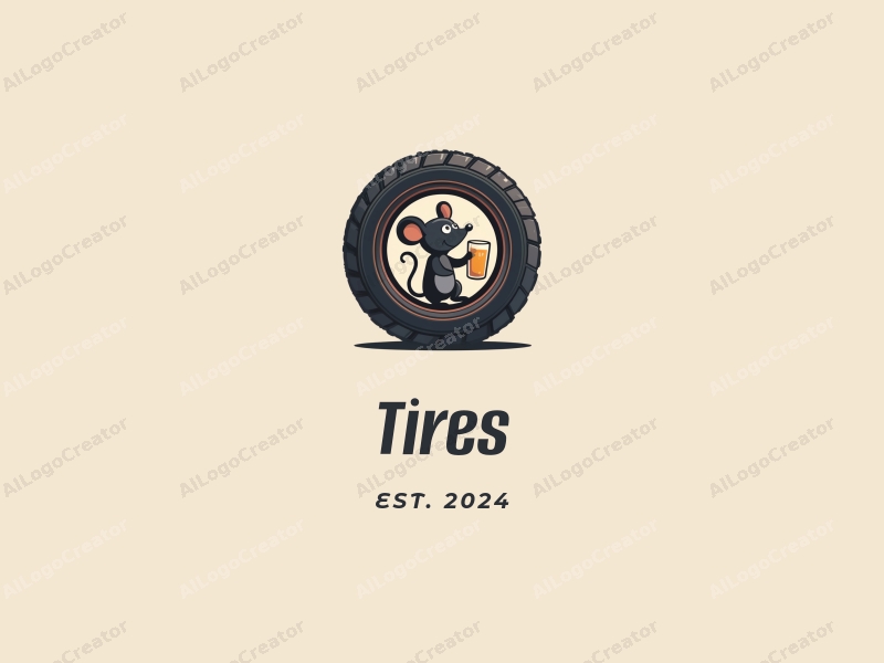 a modern design featuring a stylized tire and car tire intertwined with a playful mouse holding a beer, using a clean and simple composition.