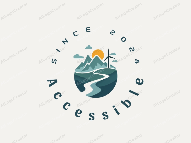 modern design features accessibility symbols, stylized mountains, and wind turbines, combined with a clean background and a focus on inclusivity.