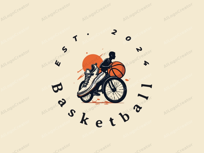 dynamic design features a stylized basketball, a pair of sneakers, and an athlete in motion, combined with a clean background and a sporty aesthetic.