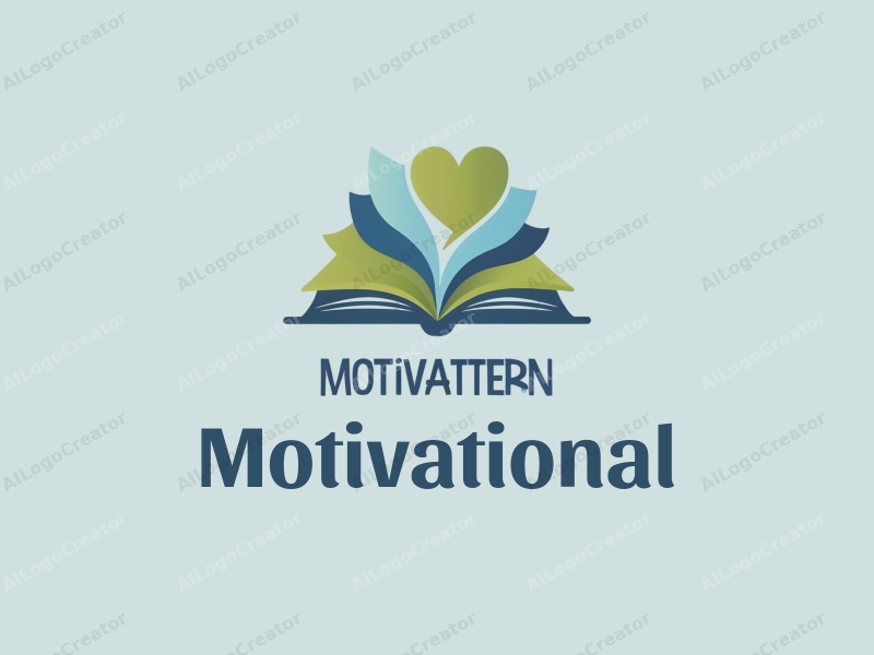 modern design features a stylized book and heart shapes, symbolizing motivation and inspiration, combined with a clean background in blue and green colors.