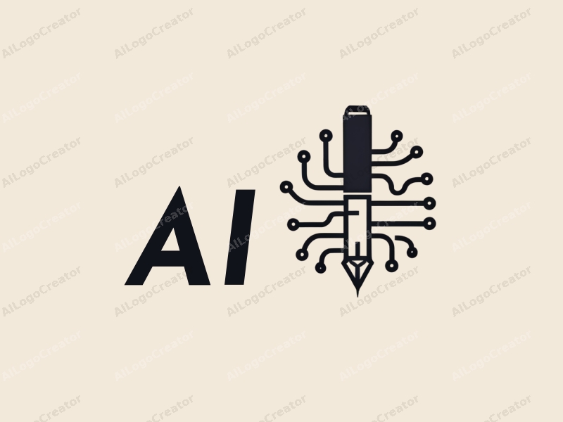 minimalist design features a stylized pen intertwined with circuit patterns, representing intelligence and algorithms, combined with a clean background.