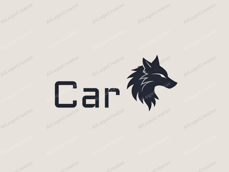 modern design features a sleek car silhouette integrated with a stylized wolf head, incorporating steel elements, set against a clean background.