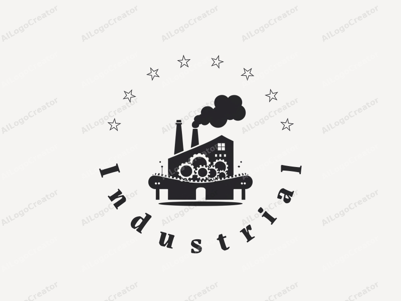 modern design features a stylized factory silhouette, interlocking gears, and a conveyor belt, combined with a clean background.