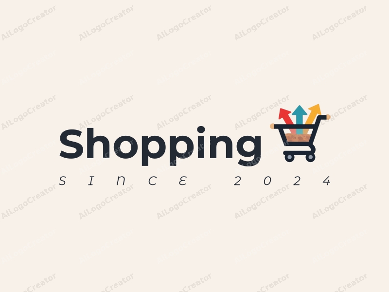 a modern design featuring a colorful shopping cart and arrows, symbolizing movement and retail, combined with a shopping mall silhouette, set against a clean background.