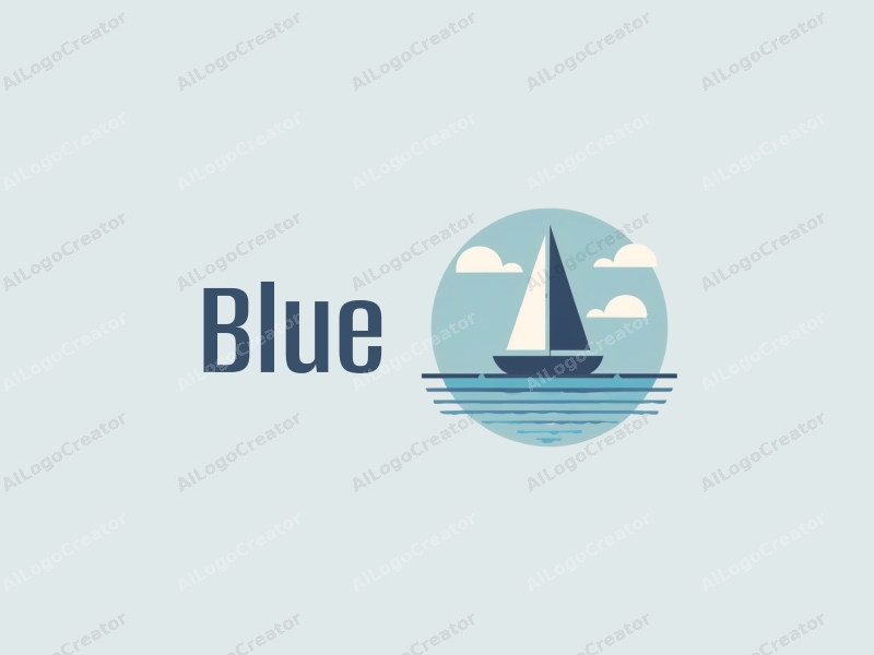 minimalist design features a stylized sailboat gliding over a calm ocean, with soft clouds in a clear blue sky, combined with a clean and simple background.