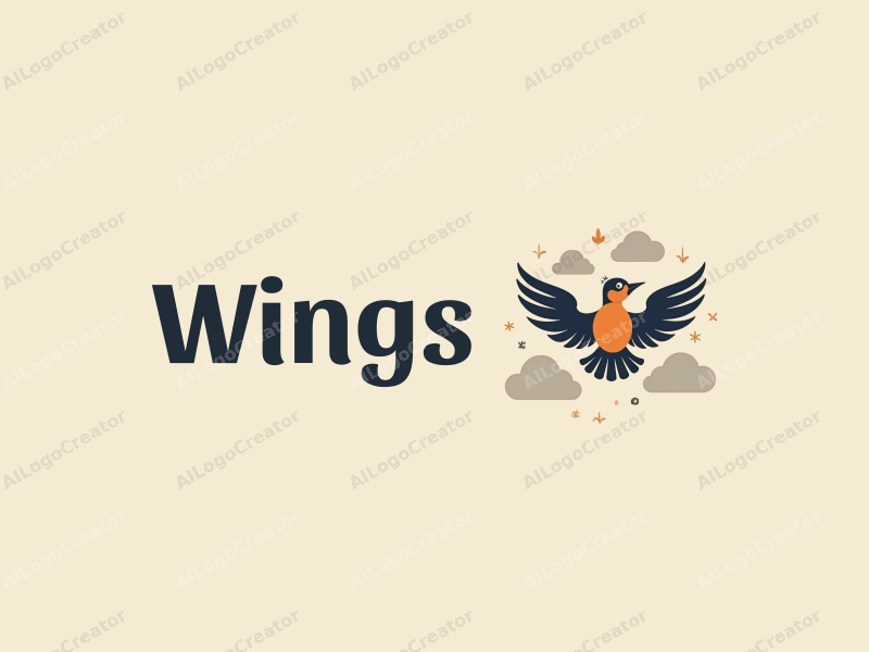 playful design features stylized wings and a bird in flight, surrounded by fluffy clouds, combined with a clean background.