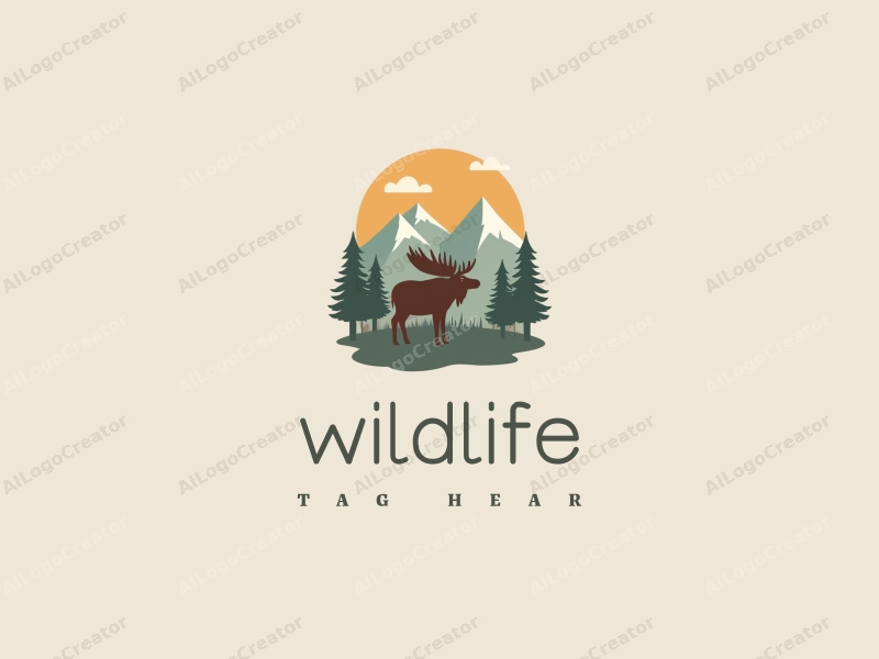 playful design features a stylized moose in a natural landscape with mountains in the background, using a natural color palette, combined with a clean and harmonious composition.