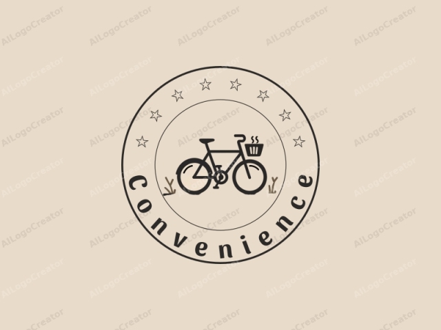 minimalist design features a stylized bicycle, a coffee cup, and a convenience store silhouette combined with a clean background.