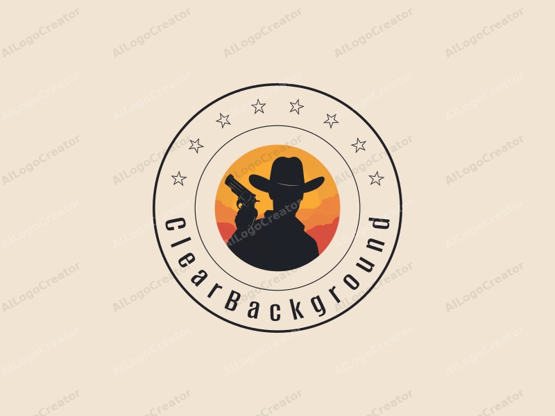 minimalist design features a stylized cowboy silhouette wearing a cowboy hat, holding a handgun, combined with a clean and transparent background.