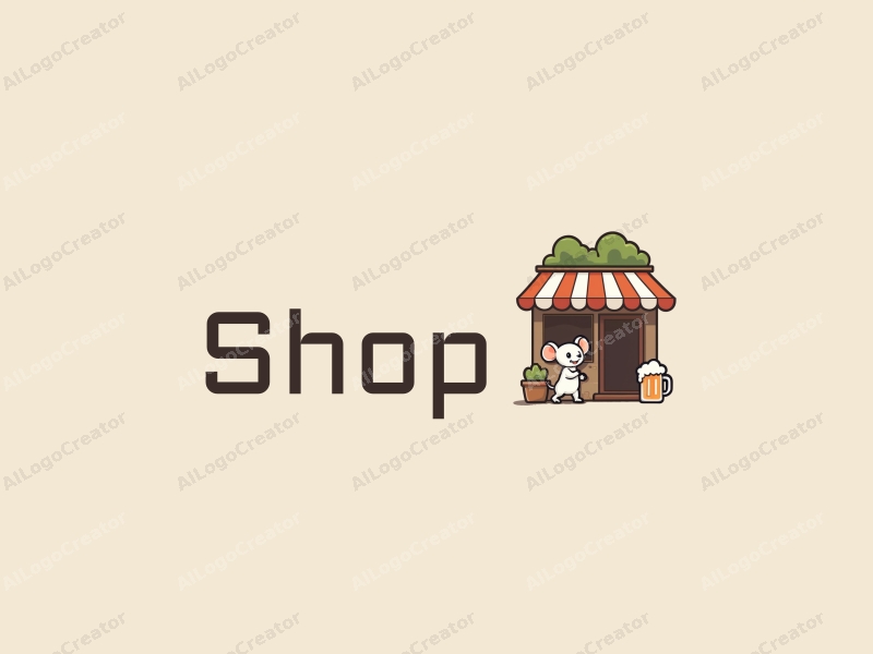 a modern design featuring a stylized shop front, a playful mouse character, and a beer mug, combined with a clean background and a harmonious layout.