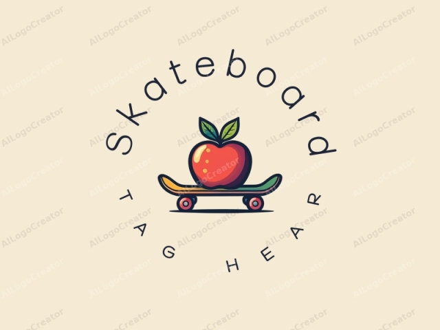 playful design features a vibrant skateboard intertwined with a stylized apple, utilizing a clean background and a harmonious composition.