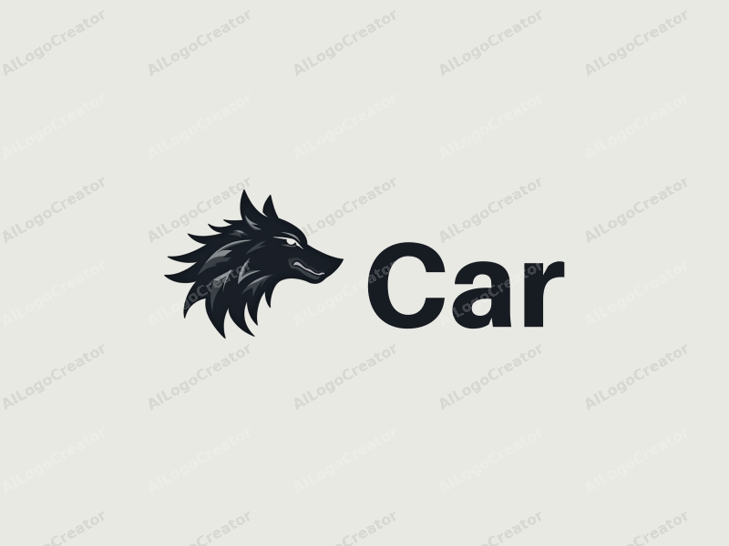 modern design features a sleek car silhouette integrated with a stylized wolf head, incorporating steel elements, set against a clean background.