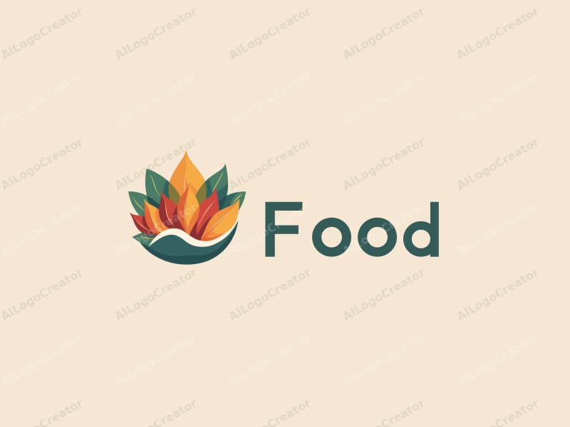 a modern design featuring vibrant food elements, stylized petals, and abstract mountain shapes, combined with a clean background for a harmonious and simple composition.