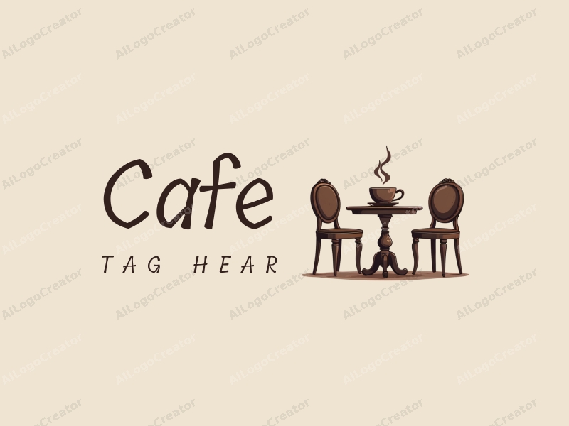 vintage design features a stylized coffee cup, antique table, and chairs, combined with a clean background.