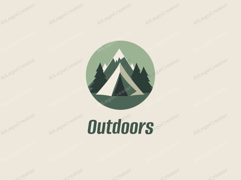 a modern minimalist design featuring a stylized tent and mountain peak, combined with a clean green background, emphasizing outdoor adventure and leisure.