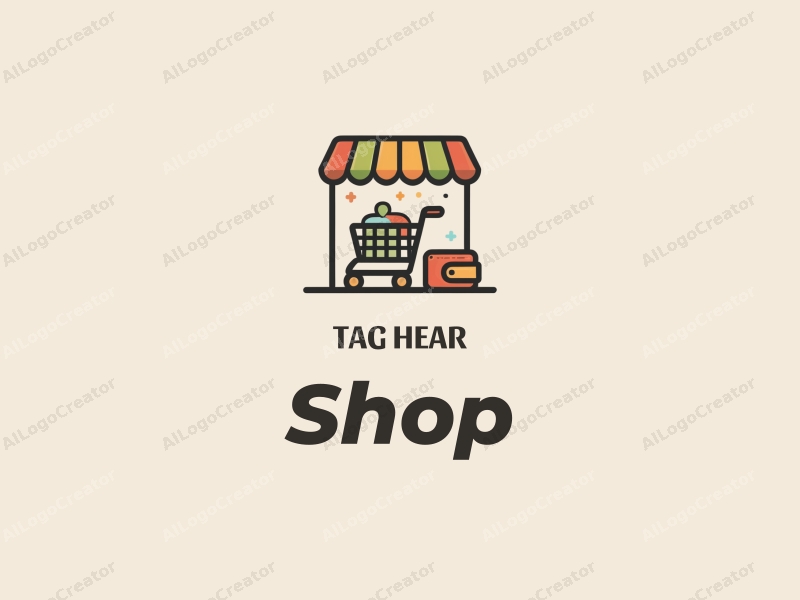 modern design features a stylized shop silhouette, a shopping cart, and a wallet, combined with a clean background.