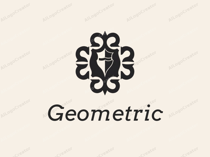 geometric design features a stylized knight and shield, integrated with square and circular shapes, combined with a clean black and white background.