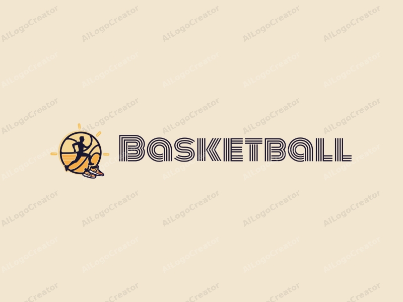 playful design features a stylized basketball, an athlete in motion, and a pair of basketball shoes, combined with a clean background.