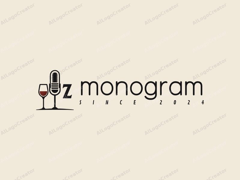 modern design features stylized letters, a sleek wine glass, and a microphone, combined with a clean background.